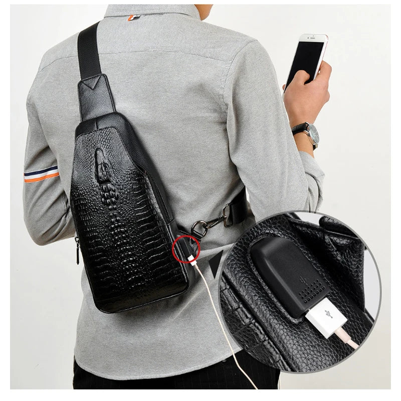 Luxury Brand Men Leather Chest Bag Alligator Messenger Bag USB Charging Crossbody Bag Man Chest Pack