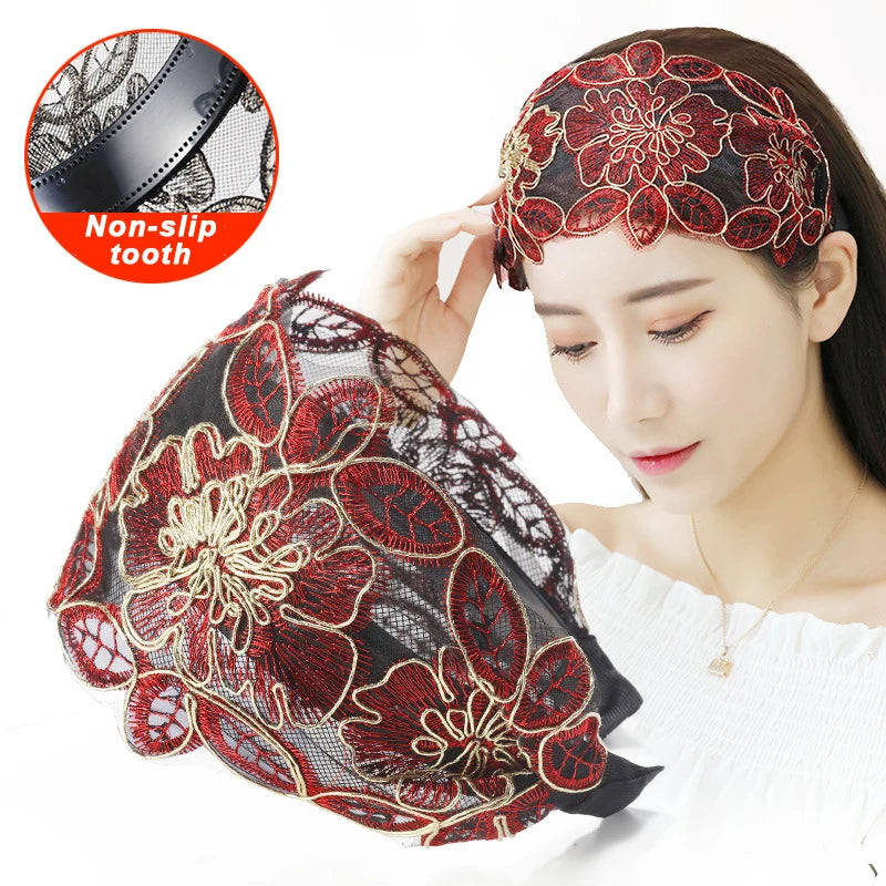 Lace Flowers Headband Women Hair Hoop belt Toothed Non-Slip Elastic Hairband Hair Accessories Hair belts
