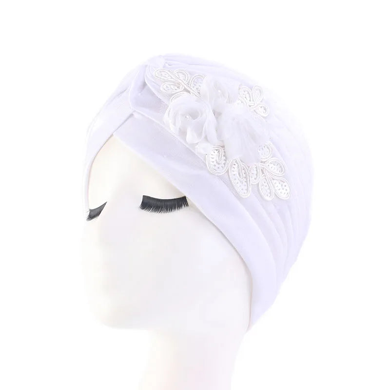 New Flower Decoration Turban, Solid Color Women's Head Wrap, Fashion Headwear, Bandana Cap