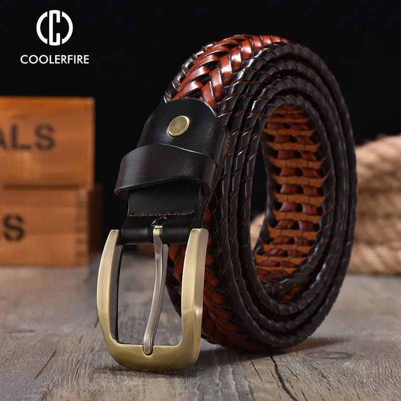 Men Genuine Leather Braided Belts Webbing High Quality Hand Vintage Belts for Men Gold Pin Buckle Casual for Jeans Strap HQ212 - Hiron Store