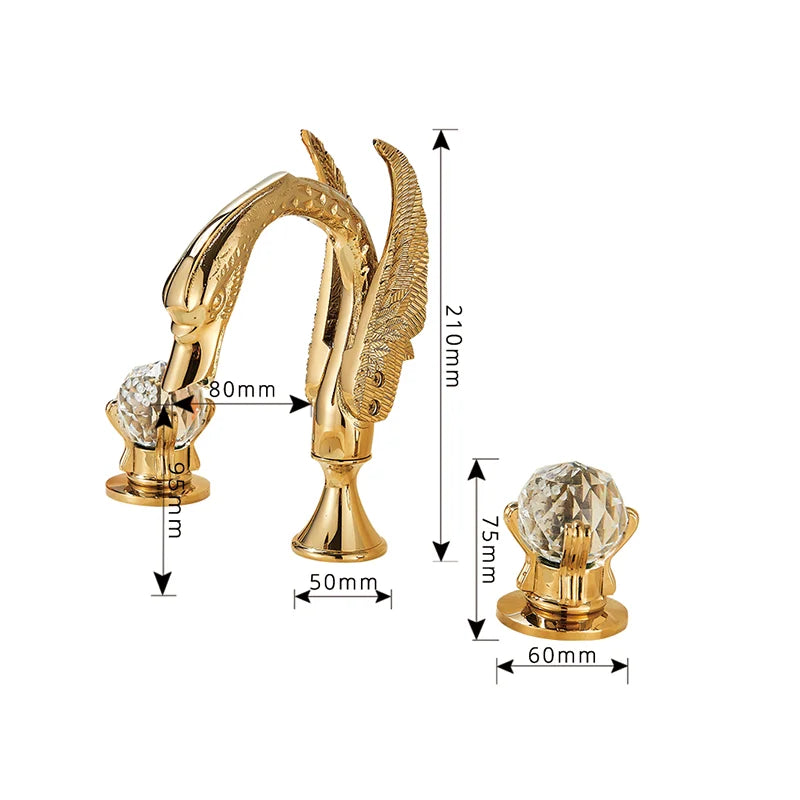 Swan Basin Faucet Golden Deck Mounted 3 Holes Widespread Bathroom Vessel Sink Mixer Tap Dual Crystal Handles Cold Hot Mixer Tap