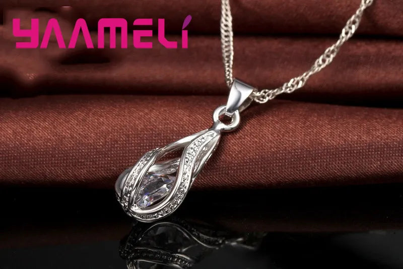 Hot Water Drop CZ 925 Sterling Silver Plated Jewelry Set For Women Pendant Necklace Hoop Earrings Wedding Party Ceremoey Anel - Hiron Store