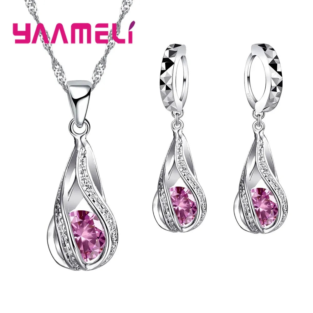 Hot Water Drop CZ 925 Sterling Silver Plated Jewelry Set For Women Pendant Necklace Hoop Earrings Wedding Party Ceremoey Anel - Hiron Store