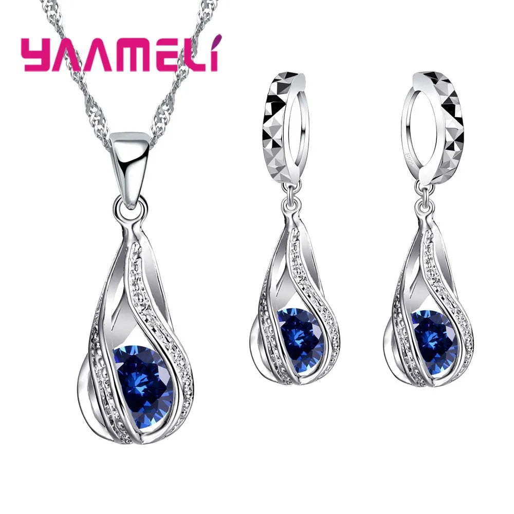 Hot Water Drop CZ 925 Sterling Silver Plated Jewelry Set For Women Pendant Necklace Hoop Earrings Wedding Party Ceremoey Anel - Hiron Store