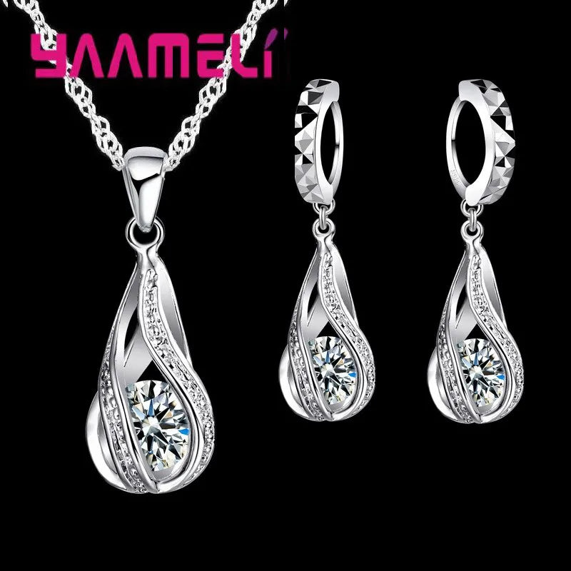 Hot Water Drop CZ 925 Sterling Silver Plated Jewelry Set For Women Pendant Necklace Hoop Earrings Wedding Party Ceremoey Anel - Hiron Store