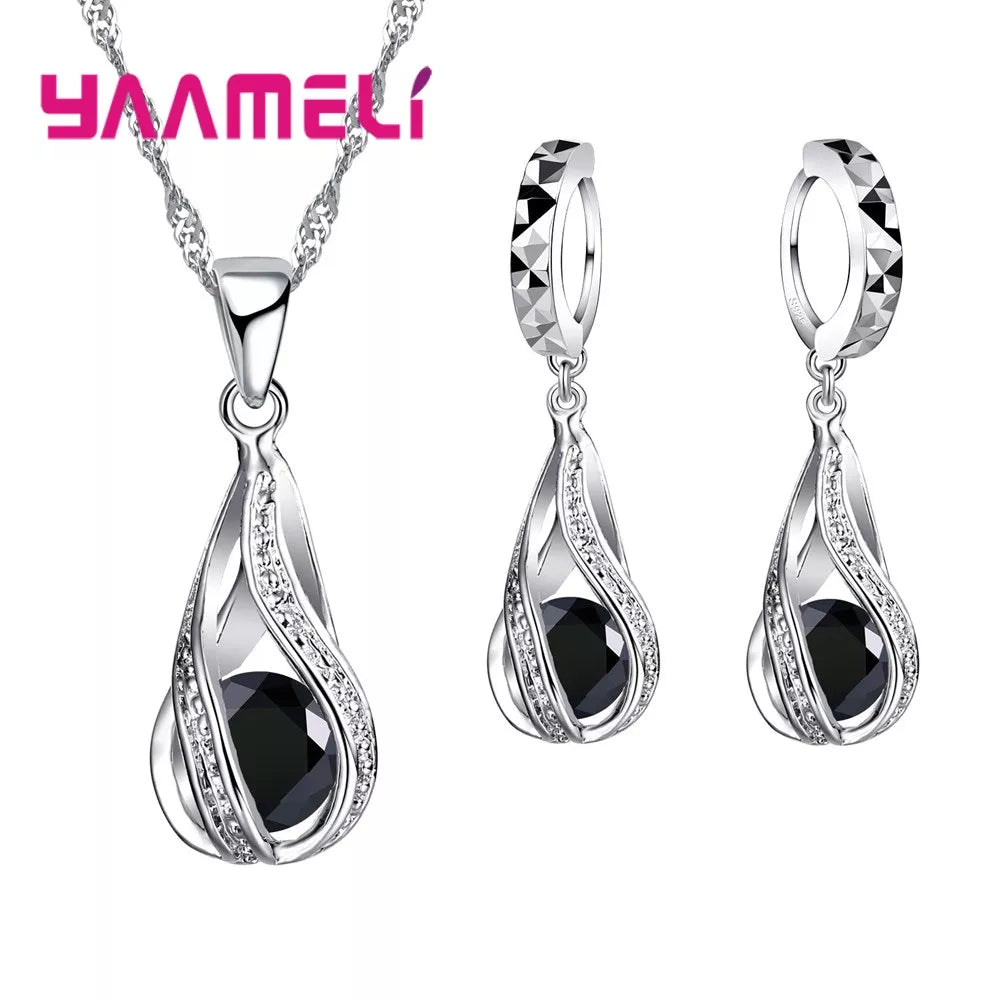 Hot Water Drop CZ 925 Sterling Silver Plated Jewelry Set For Women Pendant Necklace Hoop Earrings Wedding Party Ceremoey Anel - Hiron Store