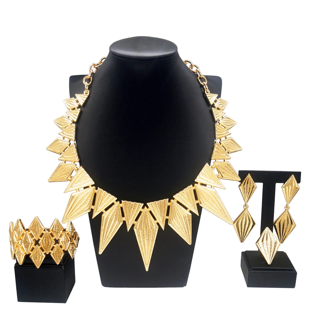 Jewelry Sets For Women Italy Dubai Gold Plated Necklace Abnormal Shape Exaggerated Style Earrings Bracelet Bijoux SYHOL - Hiron Store