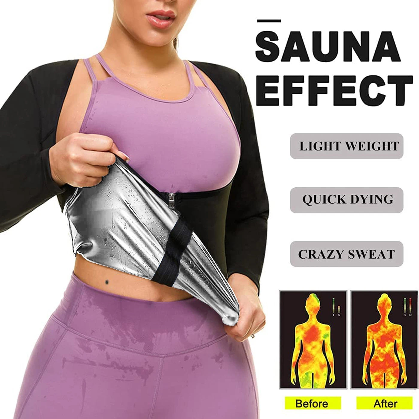 LISA SWEAT Sauna Suit for Women Sweat Body Shaper Hot Waist Trainer Long Sleeve Zipper Shirt Workout Top Silver - Hiron Store