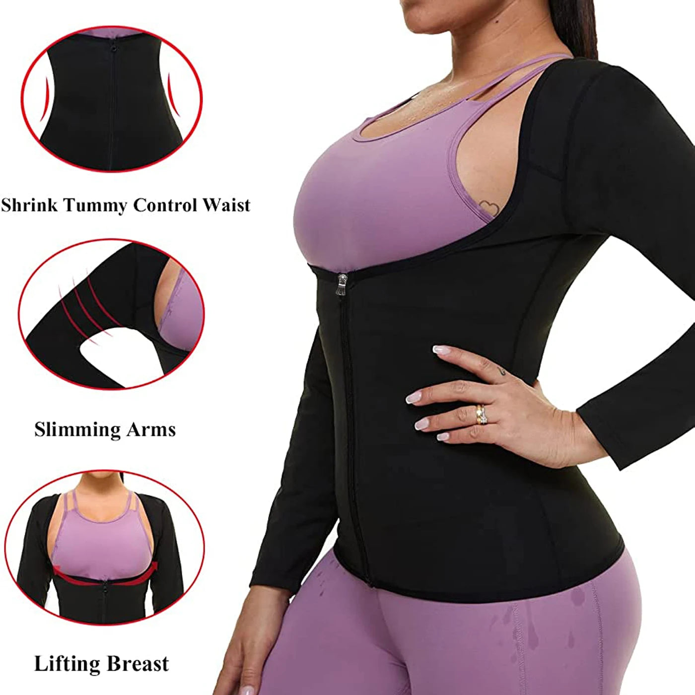 LISA SWEAT Sauna Suit for Women Sweat Body Shaper Hot Waist Trainer Long Sleeve Zipper Shirt Workout Top Silver - Hiron Store