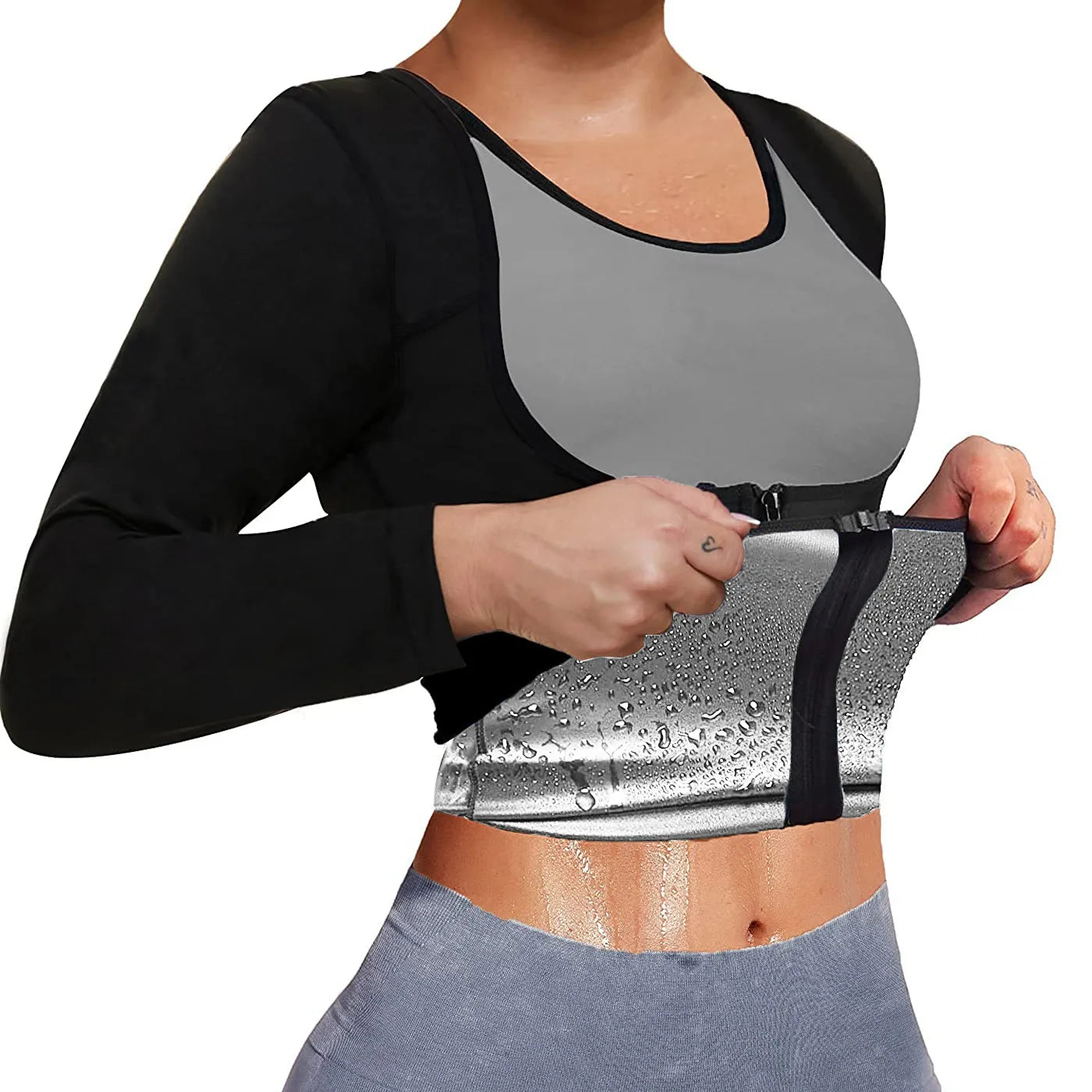 LISA SWEAT Sauna Suit for Women Sweat Body Shaper Hot Waist Trainer Long Sleeve Zipper Shirt Workout Top Silver - Hiron Store