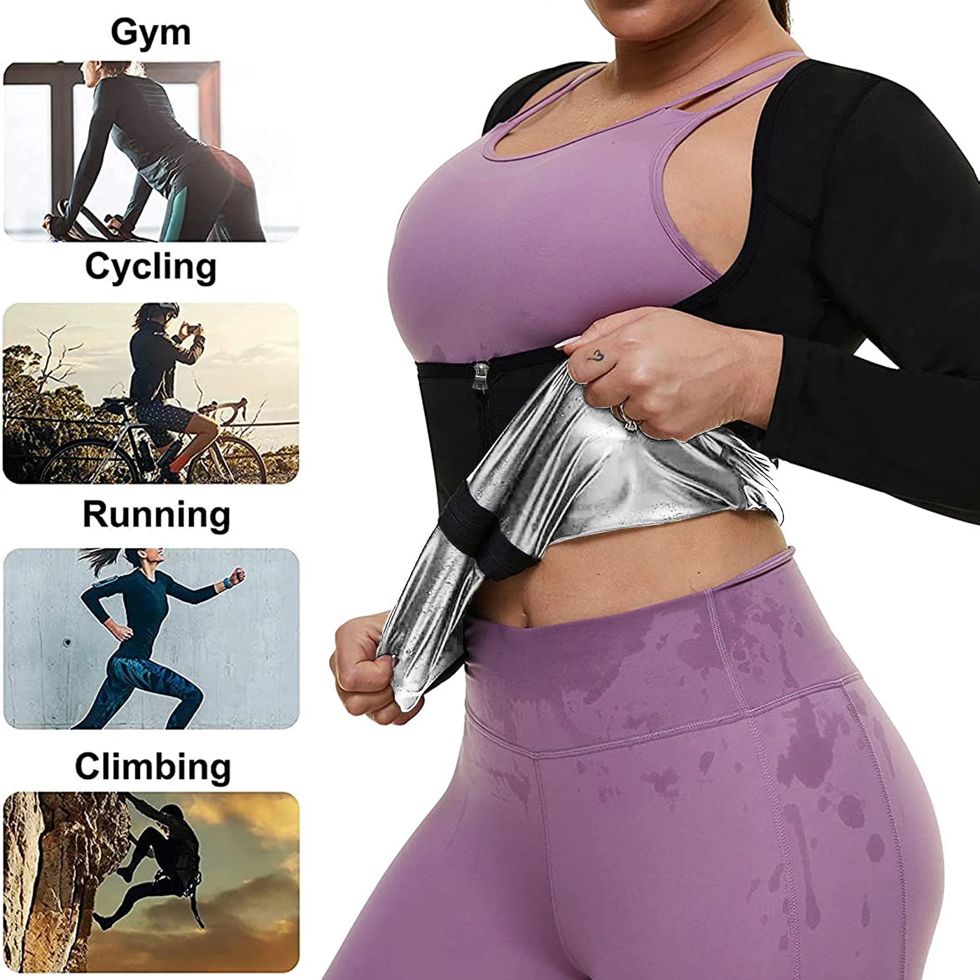 LISA SWEAT Sauna Suit for Women Sweat Body Shaper Hot Waist Trainer Long Sleeve Zipper Shirt Workout Top Silver - Hiron Store