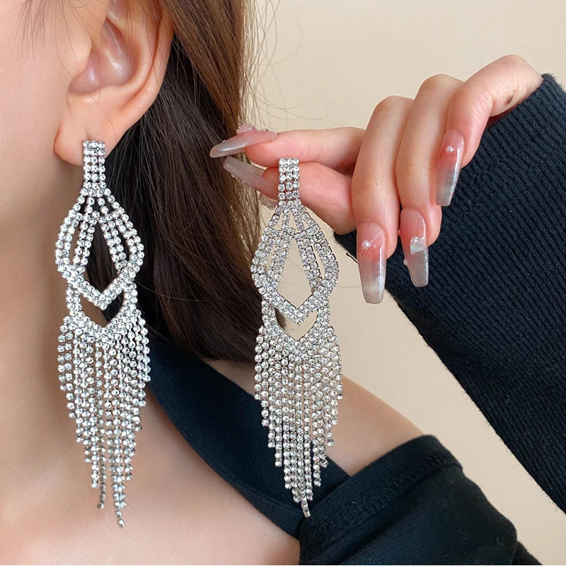 Long Rhinestone Tassel Earrings for Women 2024 New Fashion Statement Drop Earring Temperament Sparkle Geometry Jewelry Female - Hiron Store