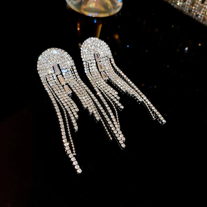 Long Rhinestone Tassel Earrings for Women 2024 New Fashion Statement Drop Earring Temperament Sparkle Geometry Jewelry Female - Hiron Store