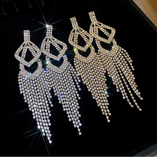 Long Rhinestone Tassel Earrings for Women 2024 New Fashion Statement Drop Earring Temperament Sparkle Geometry Jewelry Female - Hiron Store