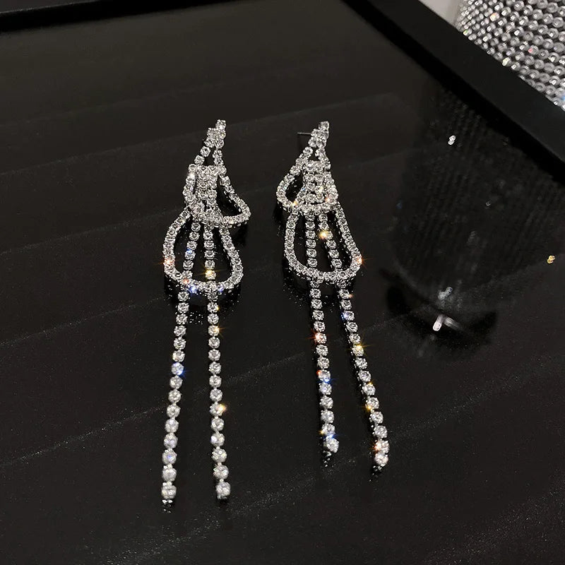 Long Rhinestone Tassel Earrings for Women 2024 New Fashion Statement Drop Earring Temperament Sparkle Geometry Jewelry Female - Hiron Store