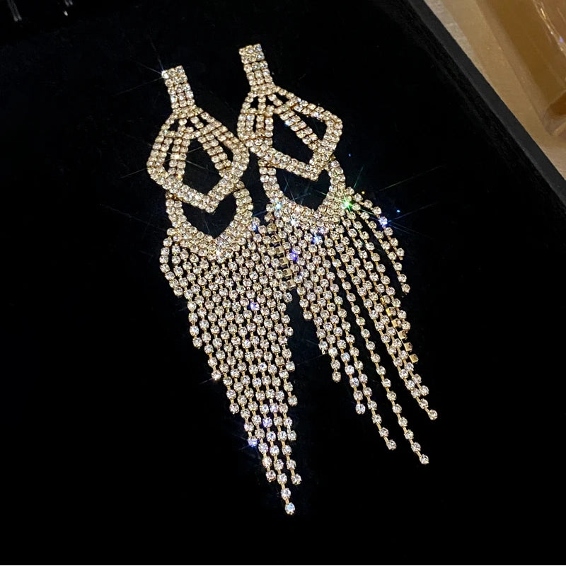 Long Rhinestone Tassel Earrings for Women 2024 New Fashion Statement Drop Earring Temperament Sparkle Geometry Jewelry Female - Hiron Store