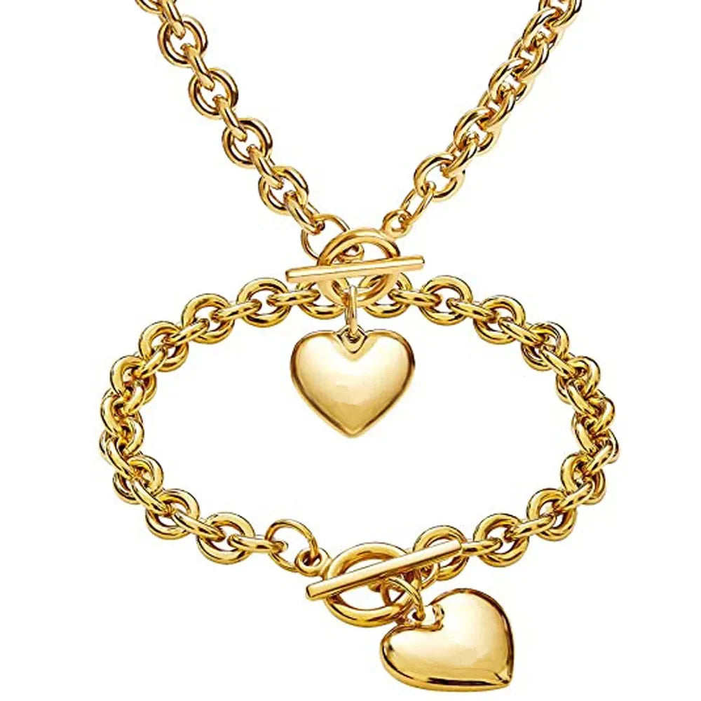 Love Heart Necklace and Bracelet Jewelry Sets for Women Gift Stainless Steel Engagement Wedding Party Chain Set Jewelry Fashion - Hiron Store