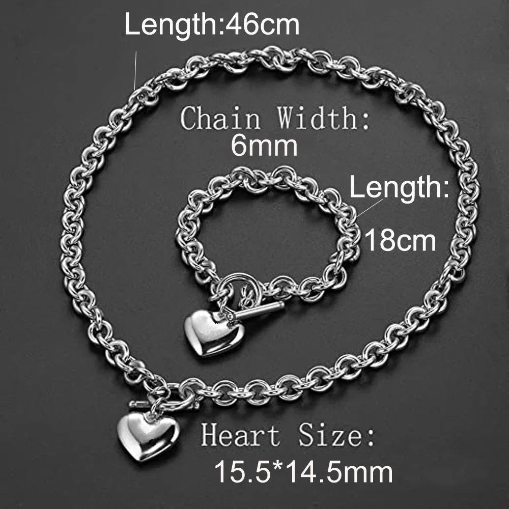 Love Heart Necklace and Bracelet Jewelry Sets for Women Gift Stainless Steel Engagement Wedding Party Chain Set Jewelry Fashion - Hiron Store