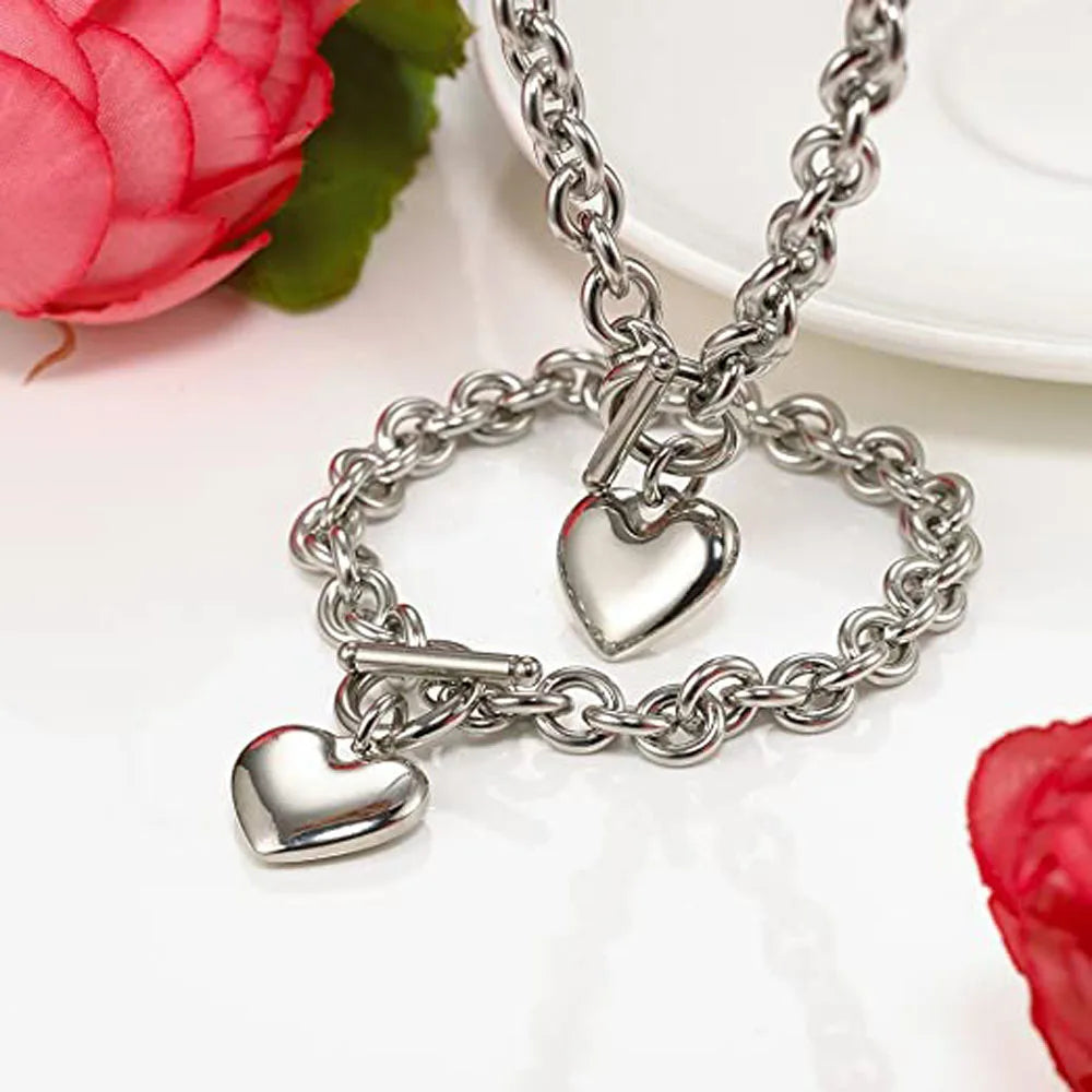 Love Heart Necklace and Bracelet Jewelry Sets for Women Gift Stainless Steel Engagement Wedding Party Chain Set Jewelry Fashion - Hiron Store