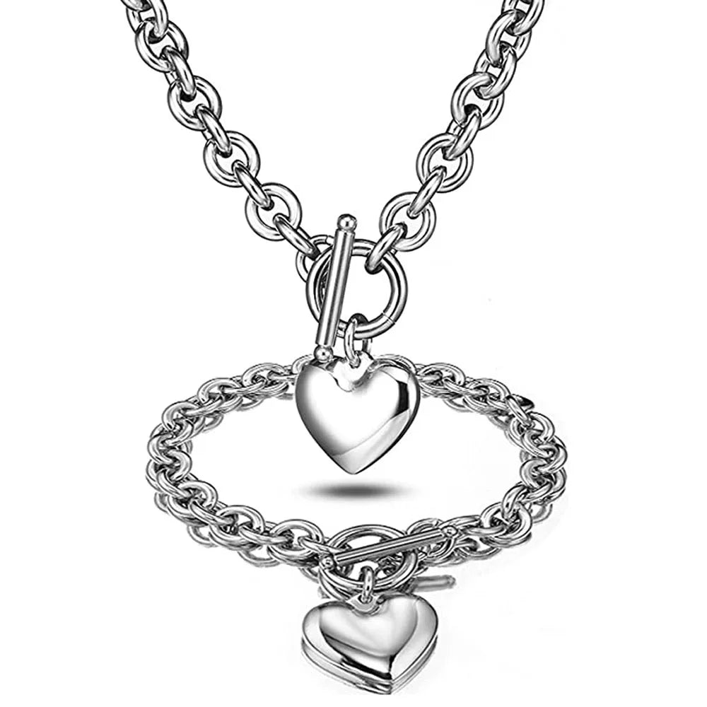 Love Heart Necklace and Bracelet Jewelry Sets for Women Gift Stainless Steel Engagement Wedding Party Chain Set Jewelry Fashion - Hiron Store