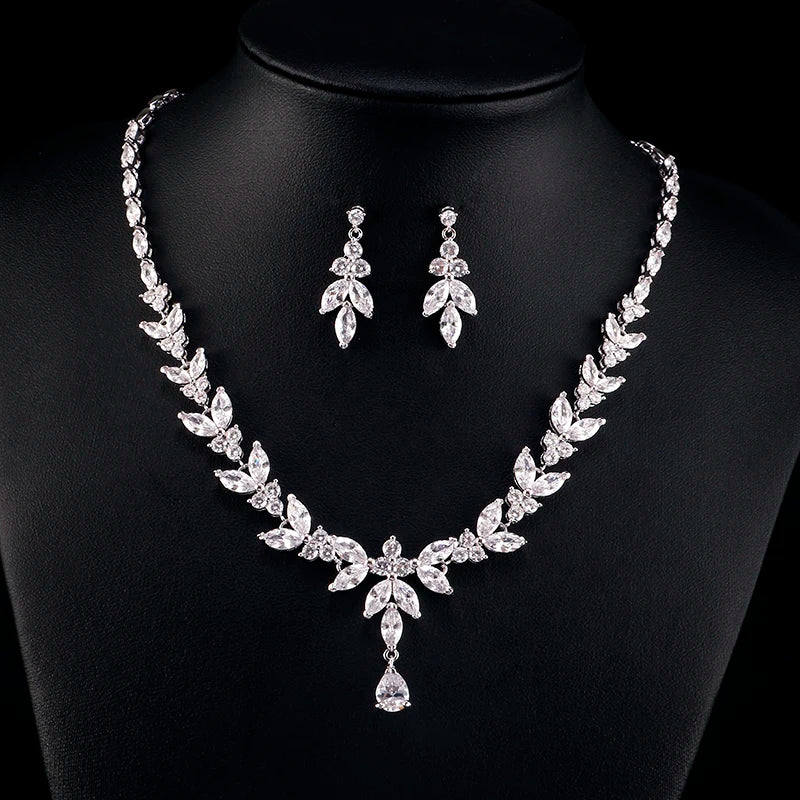 Luxury Brilliant Zirconia Leaf Necklace Earrings Rings Bracelets Set for Women CZ Drop Bridal Wedding Jewelry Sets - Hiron Store