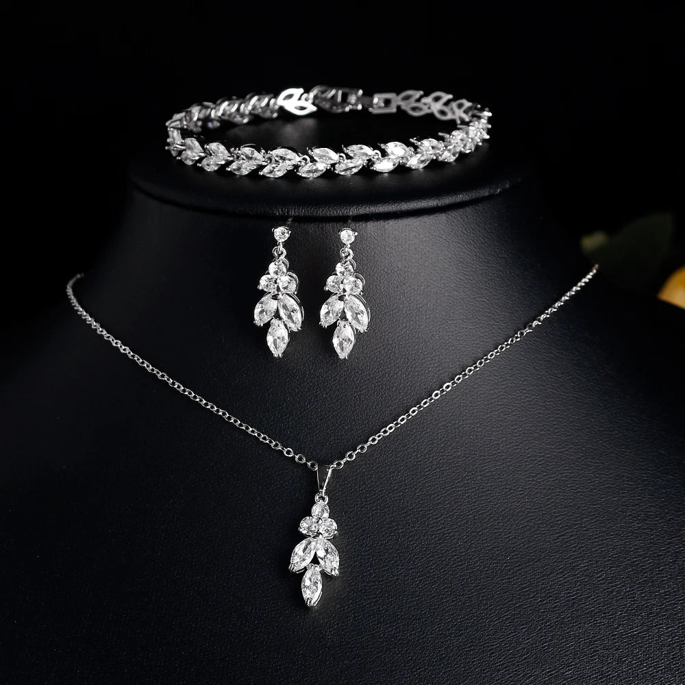 Luxury Brilliant Zirconia Leaf Necklace Earrings Rings Bracelets Set for Women CZ Drop Bridal Wedding Jewelry Sets - Hiron Store