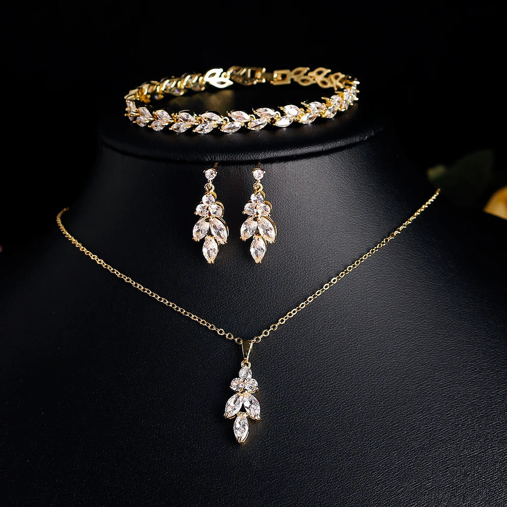 Luxury Brilliant Zirconia Leaf Necklace Earrings Rings Bracelets Set for Women CZ Drop Bridal Wedding Jewelry Sets - Hiron Store