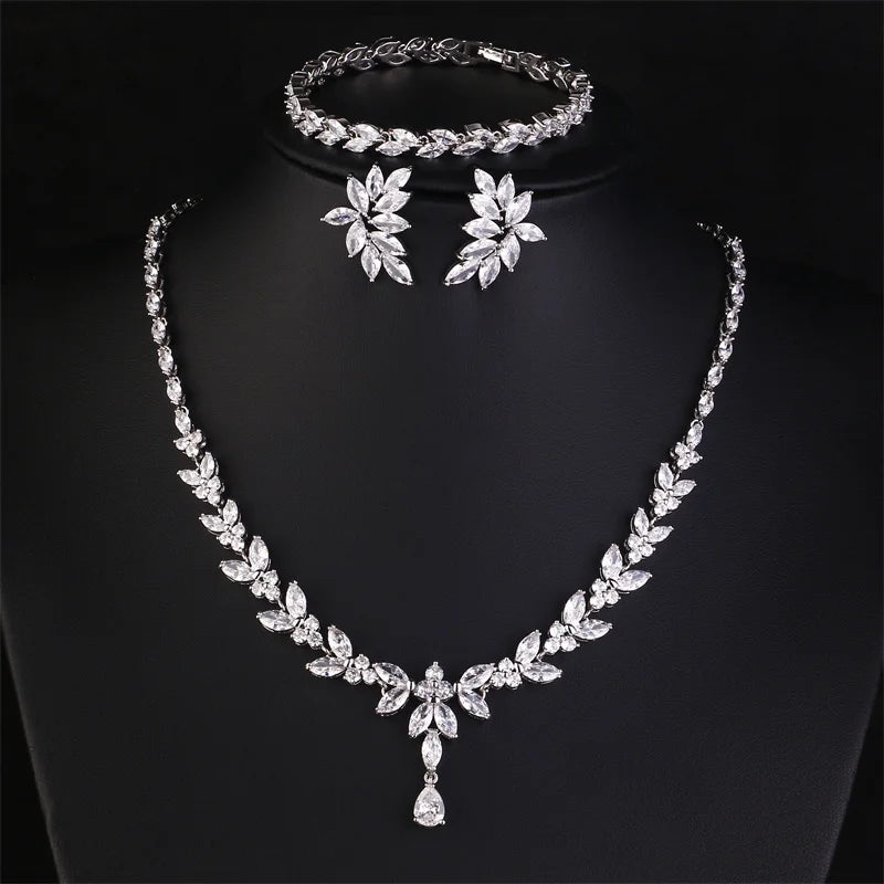 Luxury Brilliant Zirconia Leaf Necklace Earrings Rings Bracelets Set for Women CZ Drop Bridal Wedding Jewelry Sets - Hiron Store