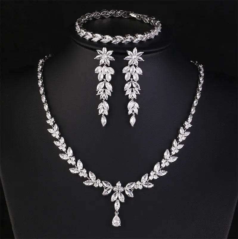 Luxury Brilliant Zirconia Leaf Necklace Earrings Rings Bracelets Set for Women CZ Drop Bridal Wedding Jewelry Sets - Hiron Store