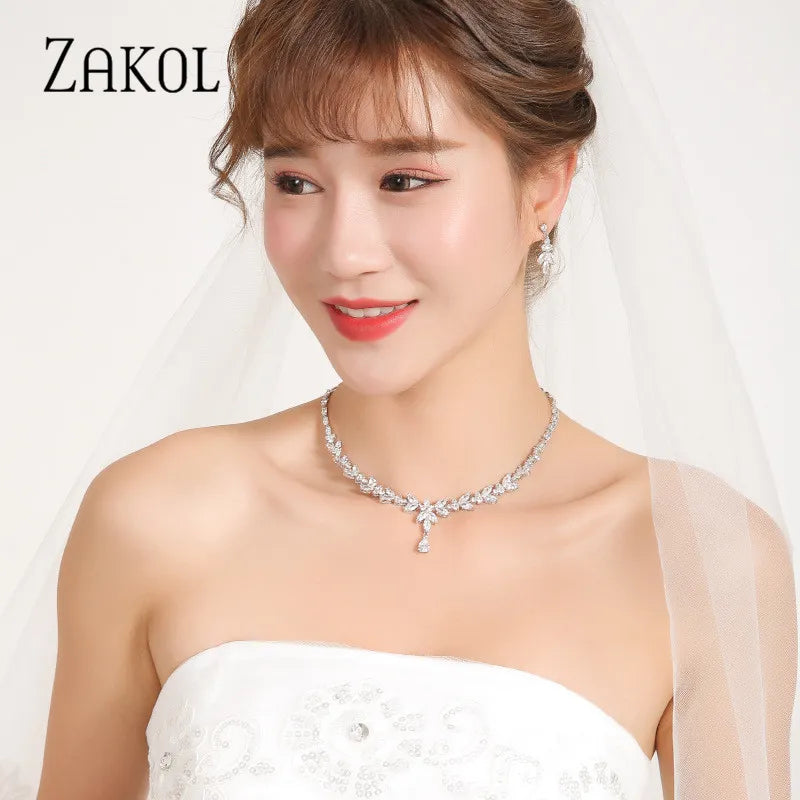 Luxury Brilliant Zirconia Leaf Necklace Earrings Rings Bracelets Set for Women CZ Drop Bridal Wedding Jewelry Sets - Hiron Store