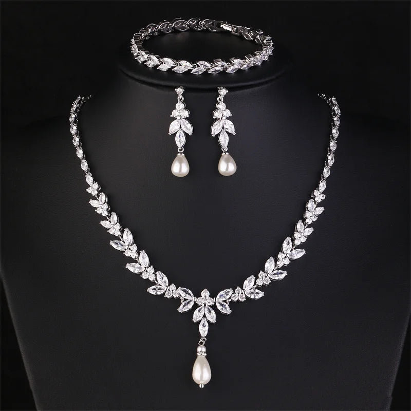 Luxury Brilliant Zirconia Leaf Necklace Earrings Rings Bracelets Set for Women CZ Drop Bridal Wedding Jewelry Sets - Hiron Store