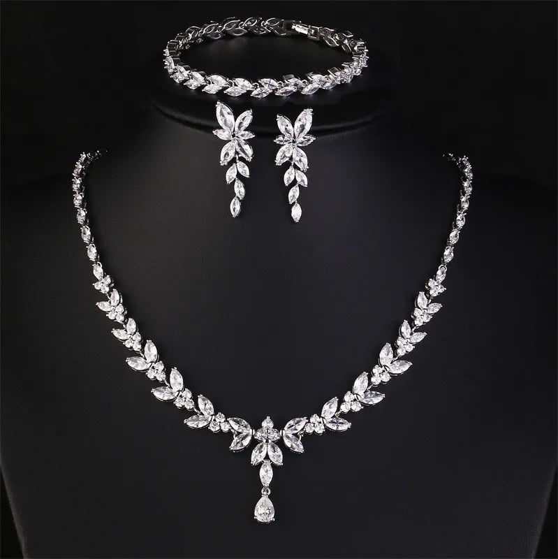 Luxury Brilliant Zirconia Leaf Necklace Earrings Rings Bracelets Set for Women CZ Drop Bridal Wedding Jewelry Sets - Hiron Store