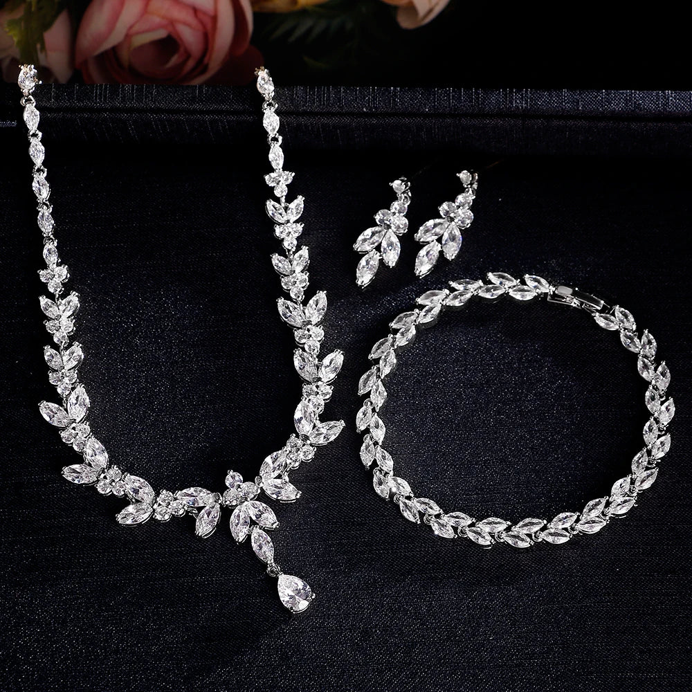 Luxury Brilliant Zirconia Leaf Necklace Earrings Rings Bracelets Set for Women CZ Drop Bridal Wedding Jewelry Sets - Hiron Store