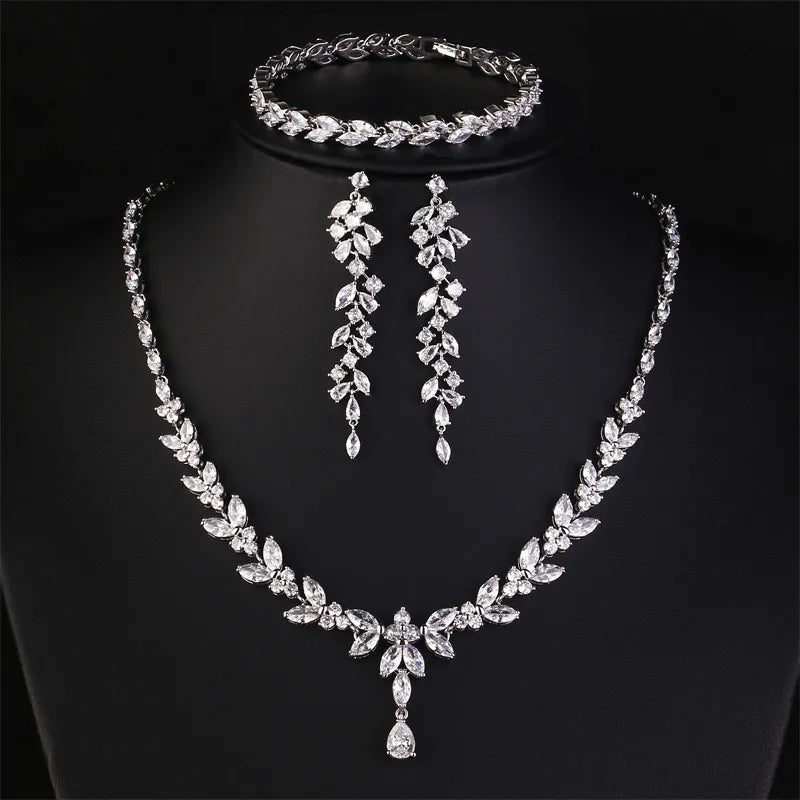 Luxury Brilliant Zirconia Leaf Necklace Earrings Rings Bracelets Set for Women CZ Drop Bridal Wedding Jewelry Sets - Hiron Store