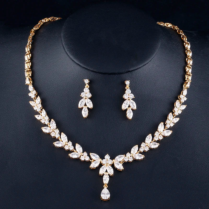 Luxury Brilliant Zirconia Leaf Necklace Earrings Rings Bracelets Set for Women CZ Drop Bridal Wedding Jewelry Sets - Hiron Store