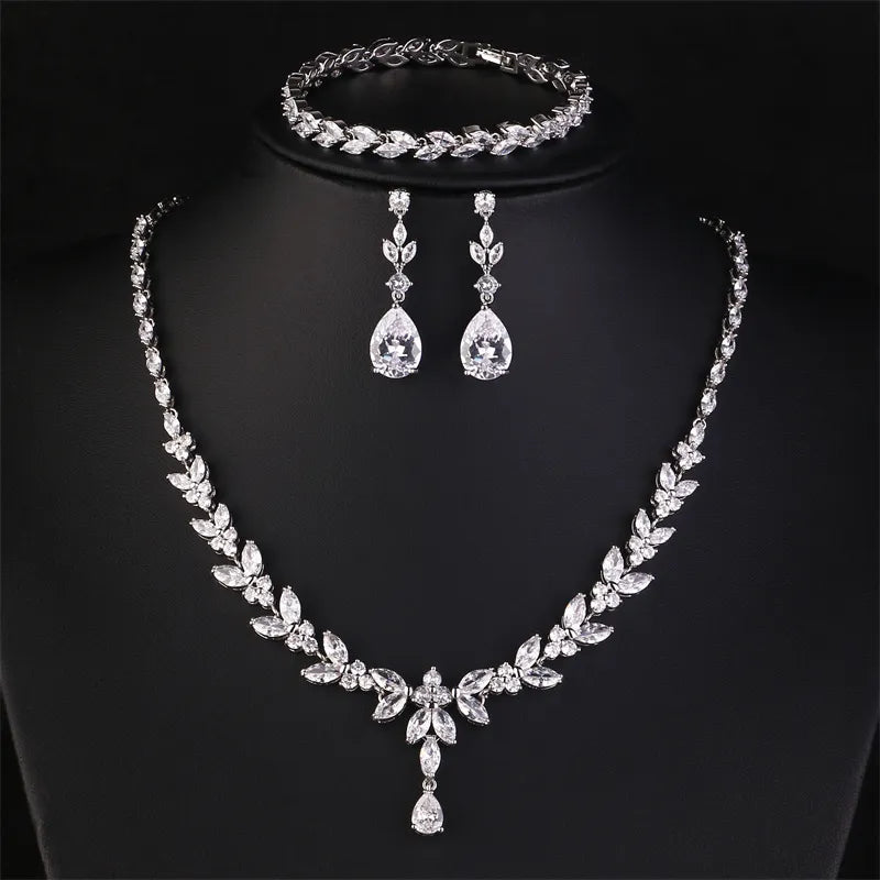 Luxury Brilliant Zirconia Leaf Necklace Earrings Rings Bracelets Set for Women CZ Drop Bridal Wedding Jewelry Sets - Hiron Store