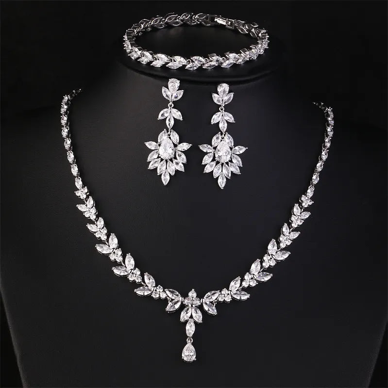 Luxury Brilliant Zirconia Leaf Necklace Earrings Rings Bracelets Set for Women CZ Drop Bridal Wedding Jewelry Sets - Hiron Store