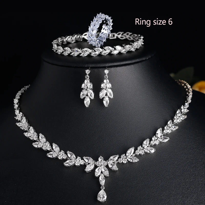 Luxury Brilliant Zirconia Leaf Necklace Earrings Rings Bracelets Set for Women CZ Drop Bridal Wedding Jewelry Sets - Hiron Store