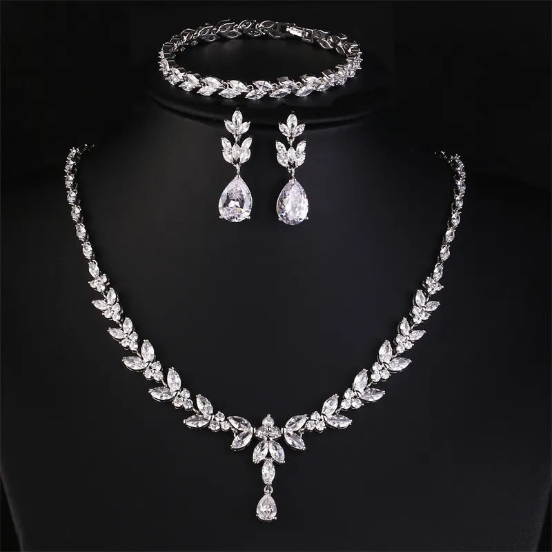 Luxury Brilliant Zirconia Leaf Necklace Earrings Rings Bracelets Set for Women CZ Drop Bridal Wedding Jewelry Sets - Hiron Store