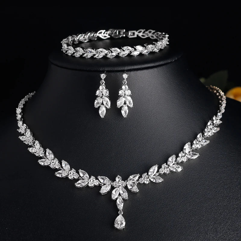 Luxury Brilliant Zirconia Leaf Necklace Earrings Rings Bracelets Set for Women CZ Drop Bridal Wedding Jewelry Sets - Hiron Store