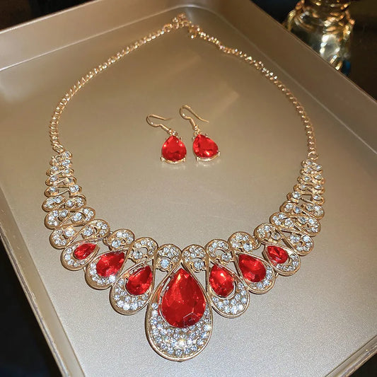 Luxury Necklace Earrings For Women Red Water Drop Crystal Earrings Weddings Banquet Jewelry Sets - Hiron Store