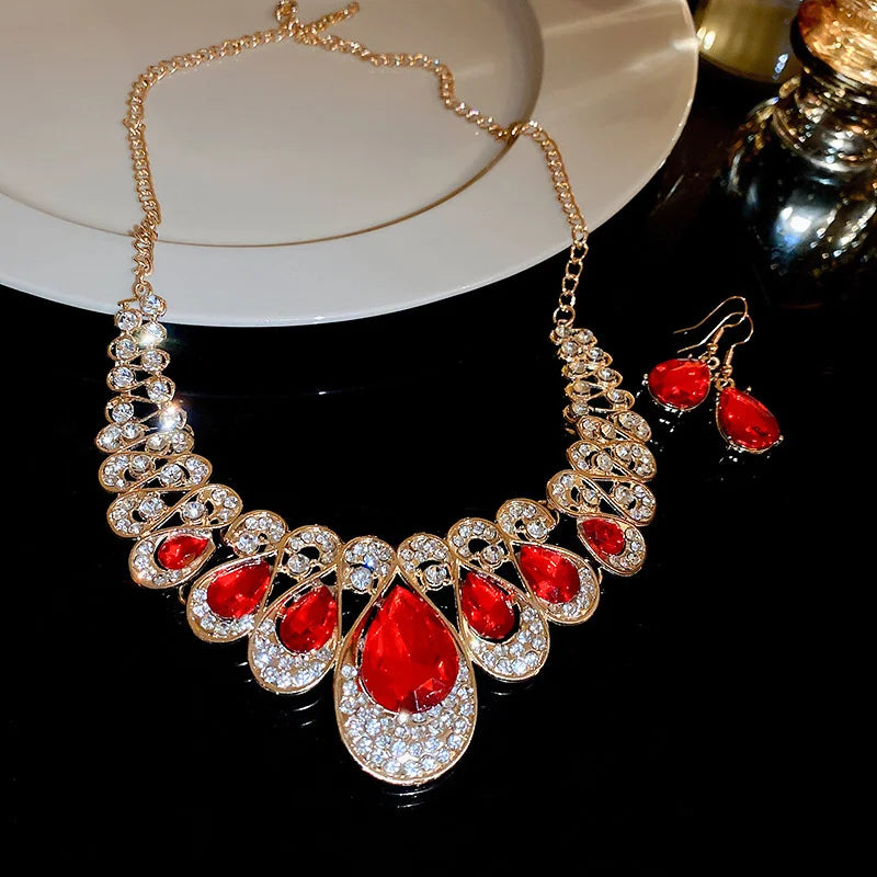 Luxury Necklace Earrings For Women Red Water Drop Crystal Earrings Weddings Banquet Jewelry Sets - Hiron Store