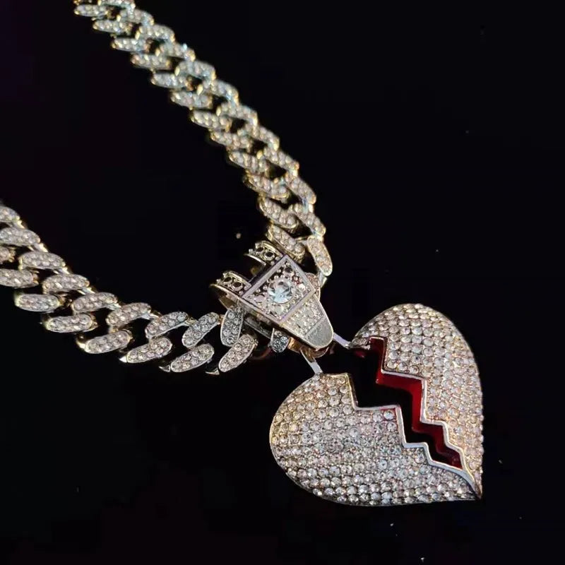 Men Hip Hop Chain Iced Out Bling Bling Heart Broke Pendant Necklace13mm Miami Cuban Chain HipHop Necklaces Fashion Charm Jewelry - Hiron Store