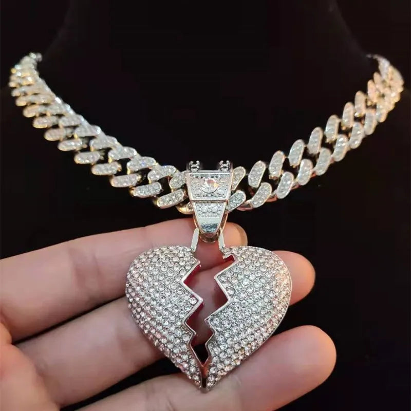 Men Hip Hop Chain Iced Out Bling Bling Heart Broke Pendant Necklace13mm Miami Cuban Chain HipHop Necklaces Fashion Charm Jewelry - Hiron Store