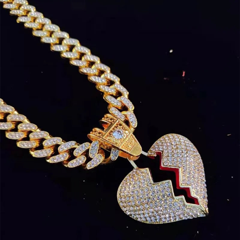 Men Hip Hop Chain Iced Out Bling Bling Heart Broke Pendant Necklace13mm Miami Cuban Chain HipHop Necklaces Fashion Charm Jewelry - Hiron Store