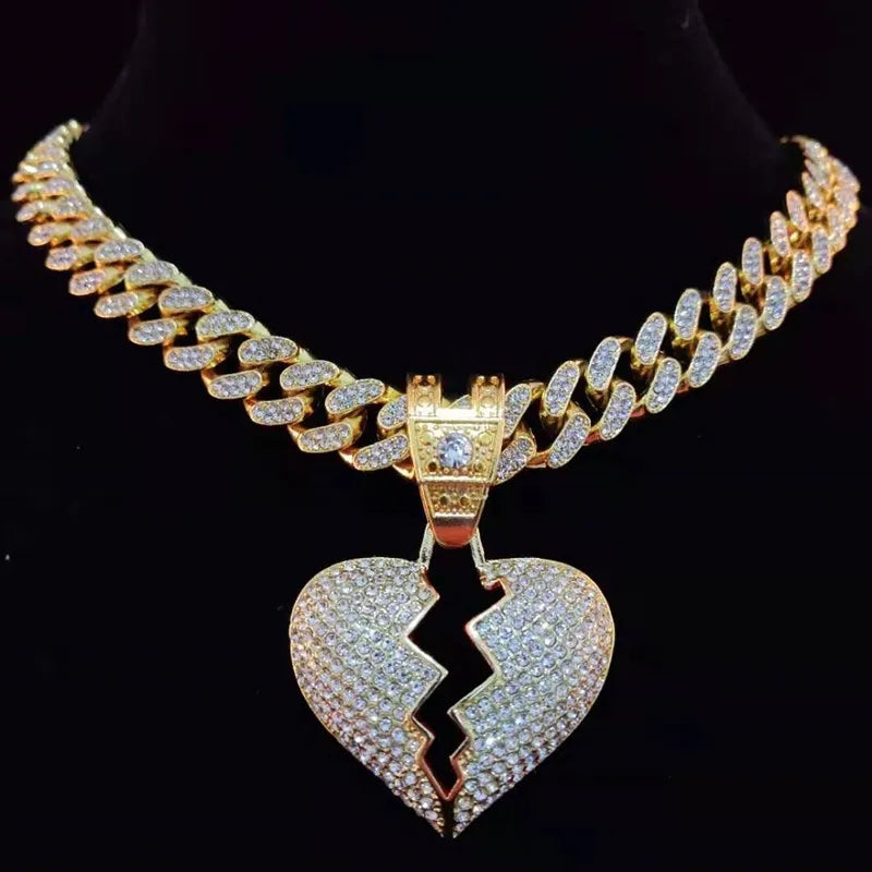 Men Hip Hop Chain Iced Out Bling Bling Heart Broke Pendant Necklace13mm Miami Cuban Chain HipHop Necklaces Fashion Charm Jewelry - Hiron Store