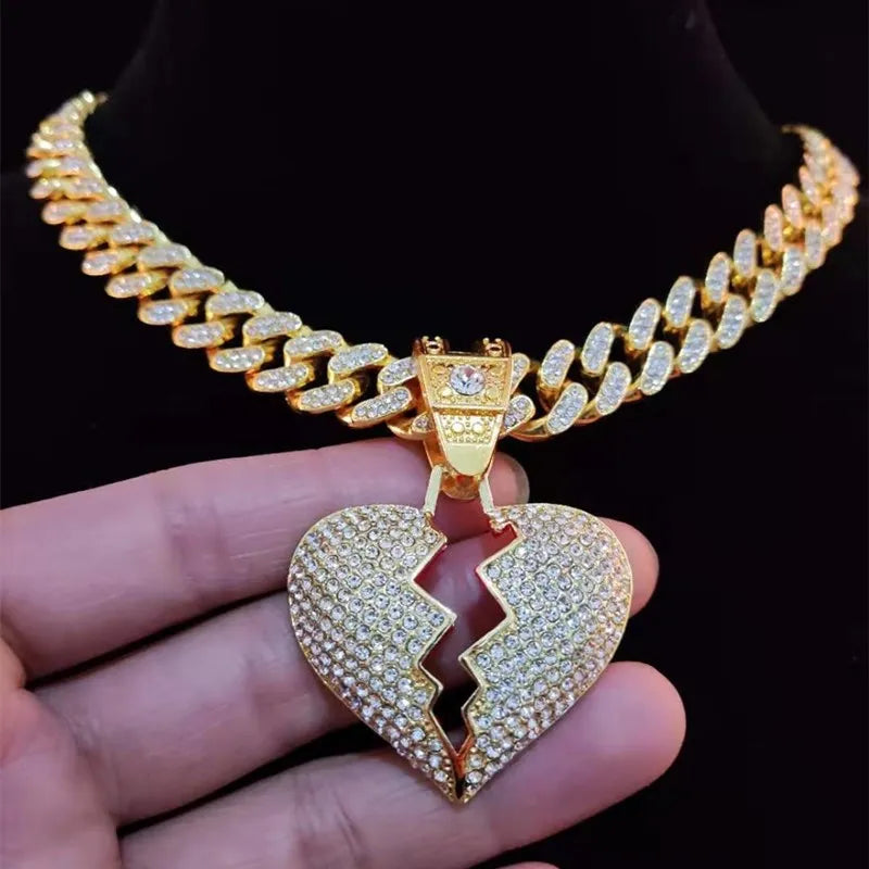 Men Hip Hop Chain Iced Out Bling Bling Heart Broke Pendant Necklace13mm Miami Cuban Chain HipHop Necklaces Fashion Charm Jewelry - Hiron Store