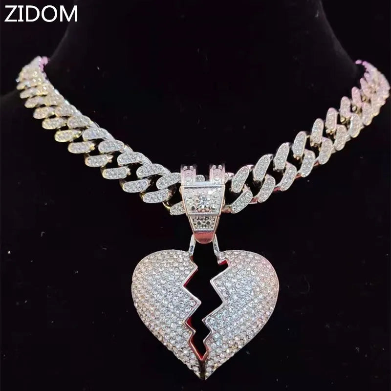 Men Hip Hop Chain Iced Out Bling Bling Heart Broke Pendant Necklace13mm Miami Cuban Chain HipHop Necklaces Fashion Charm Jewelry - Hiron Store