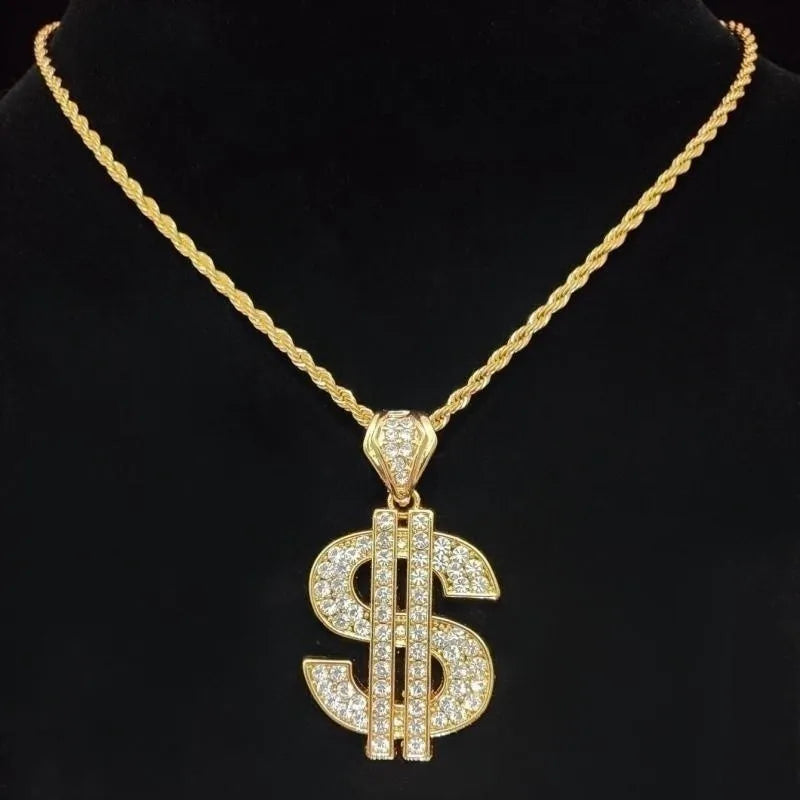 Men Women Hip Hop Dollar  Pendant Necklace with 13mm Cuban Chain Hiphop Iced out pendants Necklaces Fashion Punk Jewelry Gifts - Hiron Store