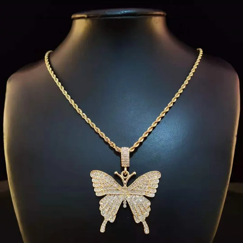 Men Women Hip Hop Iced Out Bling butterfly Pendant Necklace with 13mm Miami Cuban Chain HipHop Necklaces Fashion Charm Jewelry - Hiron Store